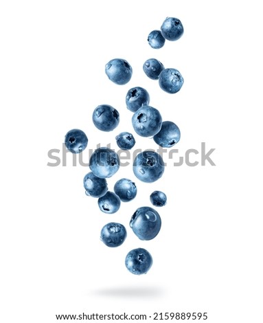 Blueberries with dew drops in the air isolated on a white background