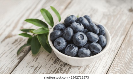 Blueberries: Fresh, juicy blueberries in a white bowl, accompanied by green leaves, set on a rustic wooden surface with a weathered look. - Powered by Shutterstock