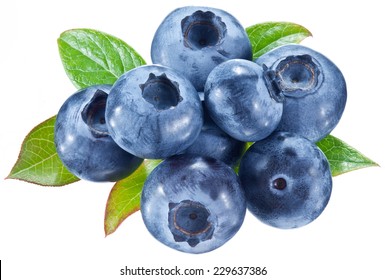 Blueberries with leaves on a white background. Studio isolated.
