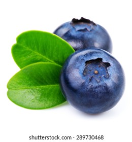 Blueberries with leaves on white background