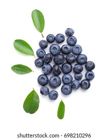 Blueberries with leaves on white background