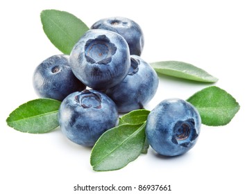 Blueberries with leaves on white background. - Shutterstock ID 86937661