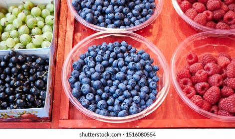 Blueberries, Raspberries And Many Other Berries, Fruits And Vegetables Sold In The Supermarket At Hötorget In Stockholm