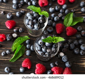 Blueberries, raspberries and mint at black wooden table. Summer organic berry. Agriculture, Gardening, Harvest Concept