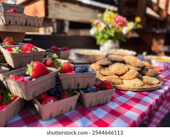 Blueberries and strawberries in berry crates sitting next to handheld apple pies with a beautiful bouquet in the background. These are all situated on a red plaid tablecloth. - Powered by Shutterstock