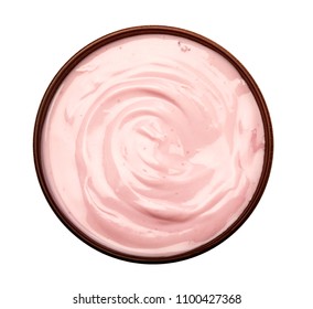 Blueberries Yogurt In Brown Bowl , Pink Nature Yogurt Texture , Top View And Overhead Shot
