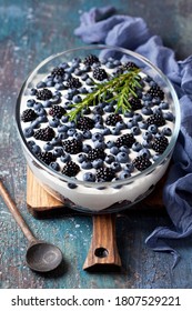 Blueberry And Blackberry Dessert, Tiramisu, Cheesecake, Trifle Or Mouse, Selective Focus