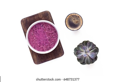 Blueberry Coconut Acai Chia Smoothie Bowl From Above Isolated On White. Food Photography