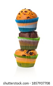 Blueberry, Cranberry And Chocolate Chip Muffins/cupcakes In Color Striped Moulds. Studio Photo Isolated On White.