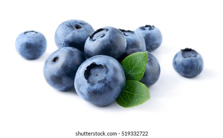 Blueberry. Fresh berries with leaves isolated on white background.