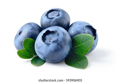 Blueberry. Fresh raw berries with leaves isolated on white background. With clipping path.