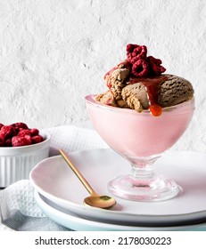 Blueberry Ice Cream, Fruity, Chocolate And Blackberry Ice Cream In A Pine Bowl, Fruit Dessert.