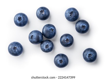 Blueberry isolated. Blueberries top view. Blueberry flat lay on white background with clipping path.