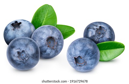 Blueberry isolated on white background. Blueberry macro studio photo. Blueberry with leaves. With clipping path