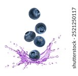 Blueberry juice splash with blueberries falling isolated on white background.