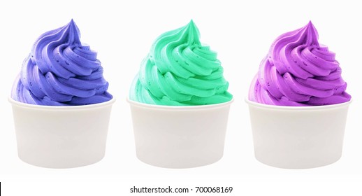 Blueberry And Mint  Frozen Yogurt Or Soft Ice Cream In Blank Paper Cup Mockup Or Mock Up Template Isolated On White Background.