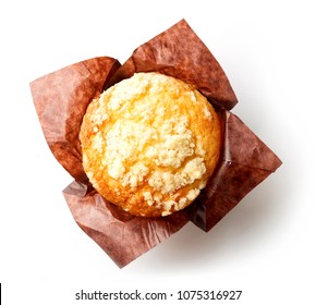 Blueberry Muffin In Brown Paper Isolated On White Background, Top View