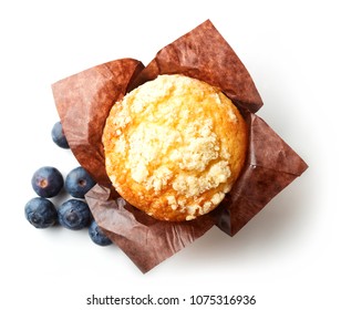 Blueberry Muffin In Brown Paper Isolated On White Background, Top View