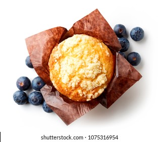 Blueberry Muffin In Brown Paper Isolated On White Background, Top View