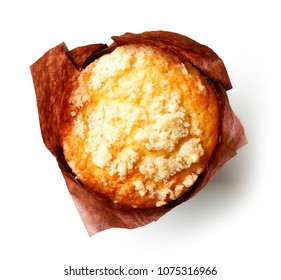 Blueberry Muffin In Brown Paper Isolated On White Background, Top View