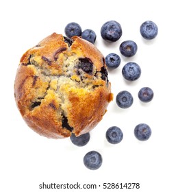 Blueberry Muffin, Isolated On White, Top View.  With Fresh Fruit.