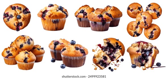 Blueberry muffin muffins on transparent background isolated. Many assorted different design angles. Mockup template for artwork