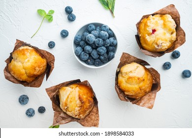 Blueberry Muffin, On White Background, Top View Flat Lay