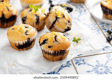 Blueberry Muffins With Fresh Berries And Blueberry Preserves