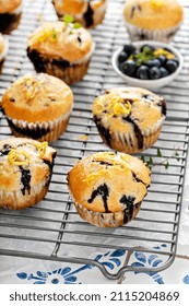 Blueberry Muffins With Fresh Berries And Blueberry Preserves On A Cooling Rack