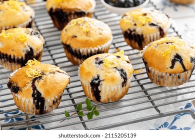 Blueberry Muffins With Fresh Berries And Blueberry Preserves On A Cooling Rack