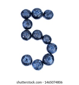 Blueberry on white background. A bit smaller digit 5 from blueberry. Food digits.