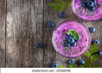 Blueberry Smoothie With Chia Seeds And Fresh Berry, Top View, Copy Space