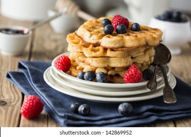 Blueberry Waffles With Raspberries For Breakfast