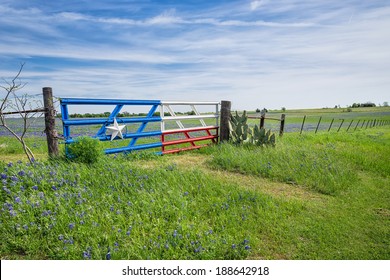 Bluebonnet field and a fence with gate along roadside in Texas spring - Powered by Shutterstock