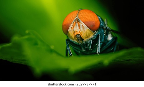 Bluebottle fly with bright orange compound eyes is resting on a vibrant green leaf. - Powered by Shutterstock