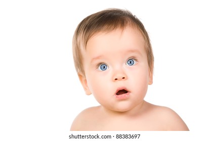 The blue-eyed baby, close-up. Isolated on white.