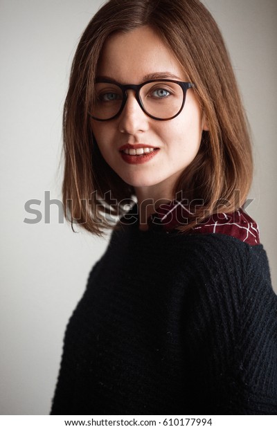 Blueeyed Woman Short Hair Glasses Stock Photo Edit Now 610177994