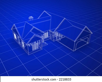 Blueprint Style 3D Rendered House. White Lines On Blue Background.