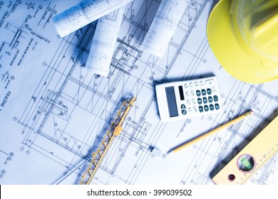 Blueprints Calculator Laptop Construction Finance Theme Stock Photo ...