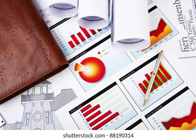 blueprints, charts of growth and daily, business still life