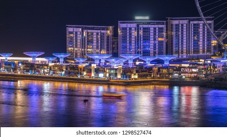 Bluewaters island aerial night timelapse with ferris wheel, new walking area with shopping mall and restaurants, newly opened leisure and travel spot in Dubai - Shutterstock ID 1298527474