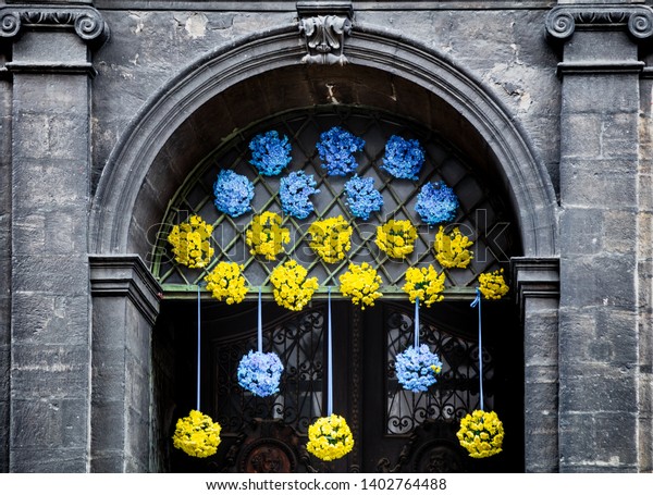 Blueyellow Decoration On Church Entrance Stock Image Download Now