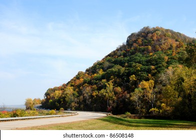 Bluff In Fall Colors Along Highway And Mississippi River At Lake Pepin, Minnesota