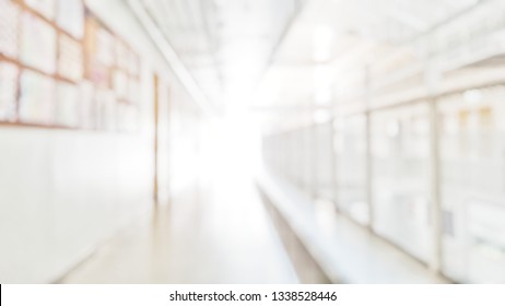 Blur Abstract Background Of Corridor In Clean Hospital. Blurred View Of Aisle In Office With Light Floor. Blurry Lobby And Waiting Area In Hotel. Defocused Walkway Area In Front Of Classroom In School