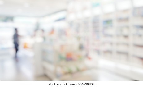 Blur abstract background drugstore with customers. Blurry view of drug store and pharmacist. Blurred clean pharmacy with medicine on shelves. Defocus white drugstore with pharmacist.
