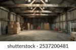 Blur background of abandoned storage or warehouse with box with name tag scatter on shelves. Interior photography with focus on decay. Historical preservation and urban exploration concept. Spate.