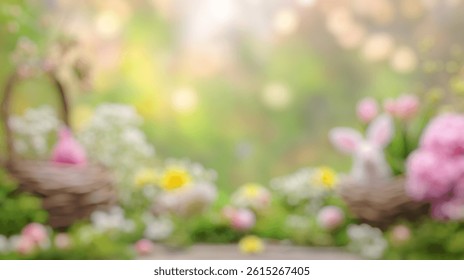 Blur Background of Adorable Easter baskets filled with flowers, bunny figures, and colorful eggs on a bright spring background. Defocused Image for Background.