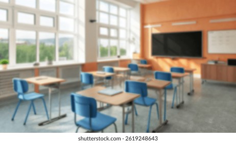 Blur background of Blurred Empty Classroom with Desks and Interactive Whiteboard