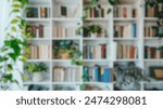 Blur background of book shelf in library space filled with books and green plants, enhancing a serene reading environment. Personal study and relaxation concept. Interior design concept. Spate.