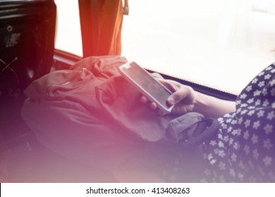 blur background, Businesswoman Sending Text Message On Bus